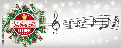 Weihnachtslieder Banner mit einem Adventskranz und Musiknoten im Schnee