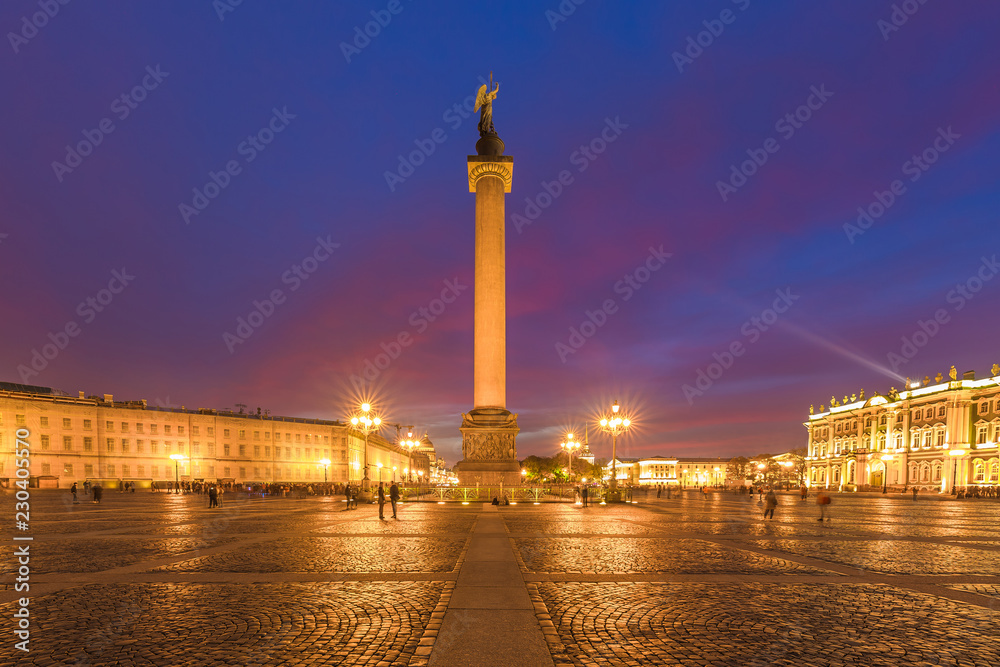 Palace square with Winter Palace, Hermitage museum and Alexander Column at twilight in Saint Petersburg, St. Petersburg, Russia.