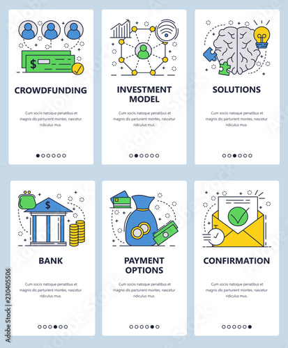 Vector web site linear art onboarding screens template. Crowdfunding and investment model. Bank and money payment options. Menu banners for website and mobile app development. Modern design flat