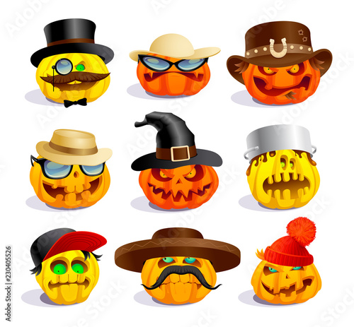 Evil halloween pumpkins, cartoon personages, crazy pumpkin symbols set