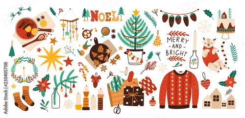 Collection of Christmas decorations, holiday gifts, winter knitted woolen clothes, mulled wine and ginger bread isolated on white background. Colorful vector illustration in flat cartoon style.