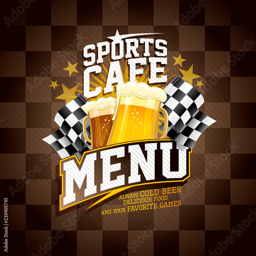 Sports cafe menu card with checkered flags and beer mugs