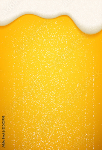Beer foam and bubbles background. Vector poster template of seamless realistic craft beer with flowing foam and bubbles