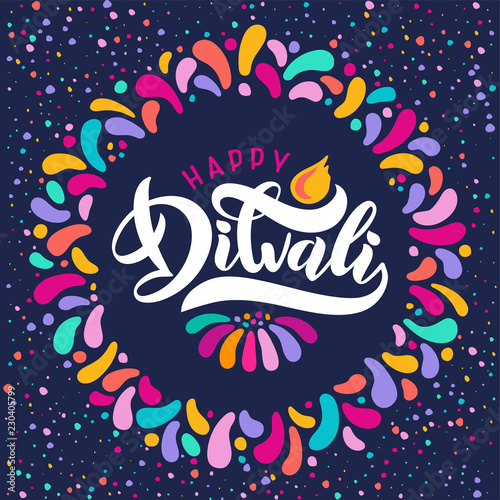 Bright festive vector text happy Diwali, diya lamp, candle flame in Decorative ornament round frame. Lettering Diwali