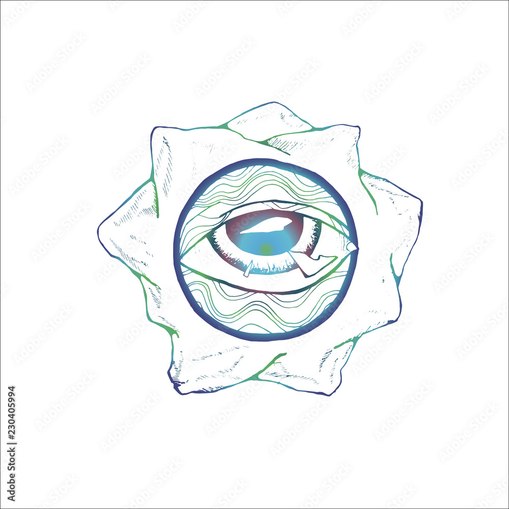 Neon picture of an eye on a background of a landscape. Psychodynamic background Neon picture of an eye on a background of a landscape. Psychodynamic background
