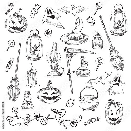 Halloween party illustration set on white background, vector hand drawn element. Sketch design, isolated.