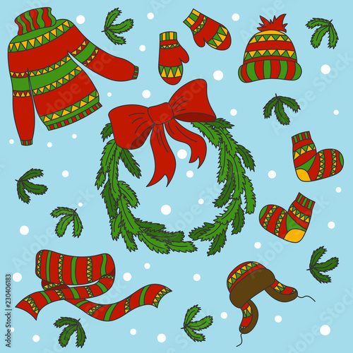 Winter clothes. Mittens, socks, miter, caps and a warm long scarf. Christmas fir wreath with red ribbon. Christmas illustration in flat style.