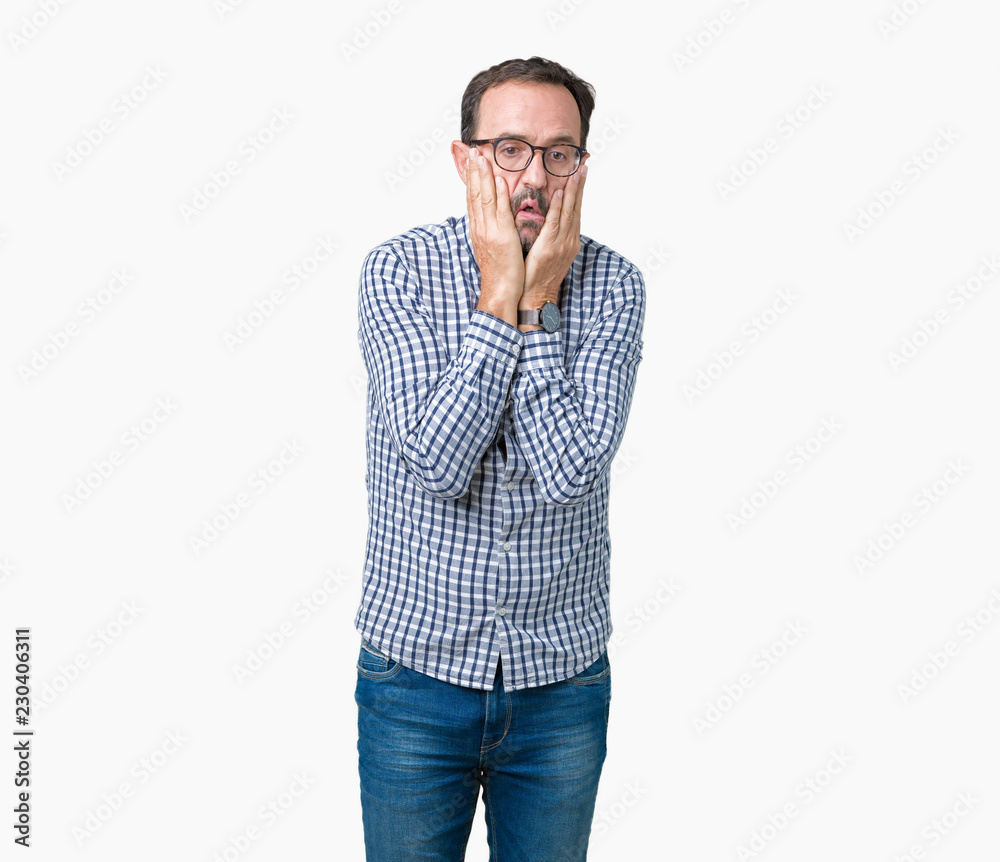 Handsome middle age elegant senior man wearing glasses over isolated background Tired hands covering face, depression and sadness, upset and irritated for problem Handsome middle age elegant senior man wearing glasses over isolated background Tired hands covering face, depression and sadness, upset and irritated for problem