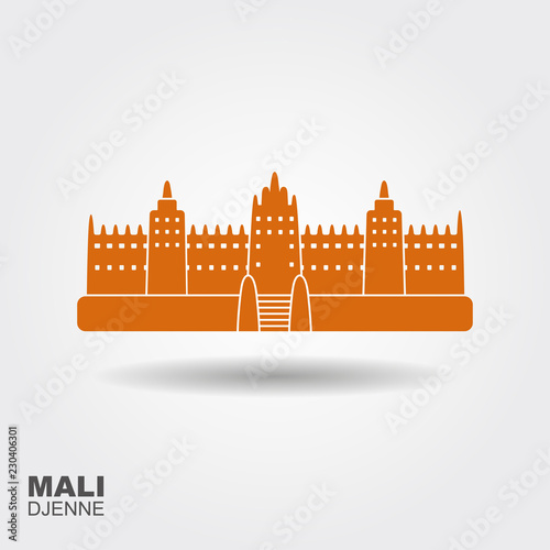 Djenne Great Mosque in Farmantala in Mali. Flat icon sight showplace attraction