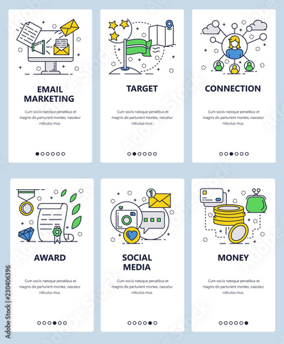 Vector web site linear art onboarding screens template. Email and social media marketing. People network. Menu banners for website and mobile app development. Modern design flat illustration.