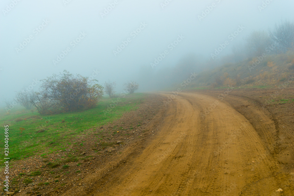 Dirt road leading into thick fog. Autumn landscape on a foggy day
