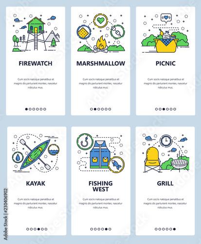 Vector web site linear art onboarding screens template. Outdoor camping, picnic and sport activities icons. Fishing, kayaking. Menu banners for website and mobile app development. Modern design flat