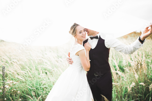 Beautiful wedding couple, love on the sunset. Fielf with flowers photo