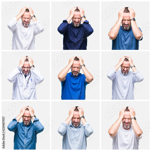 Collage of senior hoary elegant man over white isolated background suffering from headache desperate and stressed because pain and migraine. Hands on head.