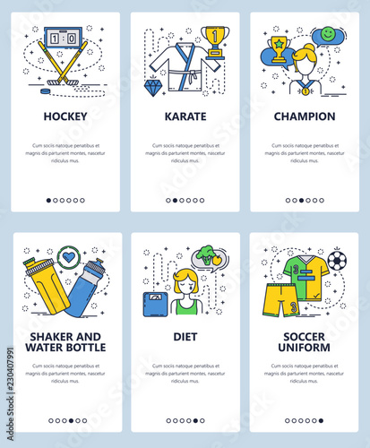 Vector web site linear art onboarding screens template. Professional sport, ice hockey, karate, football. Fitness diet and supplement food. Menu banners for website and mobile app development. Modern