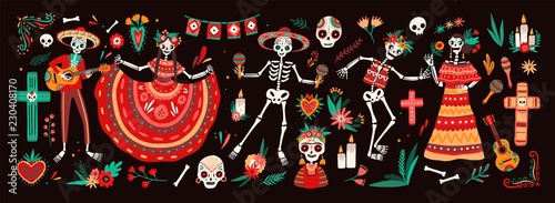 Collection of traditional Day of The Dead symbols - skeletons dressed in folk Mexican costumes playing guitar, maracas or dancing, calaveras or skulls, cross and candles. Holiday vector illustration.