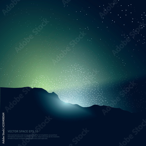 Space background with light and stars from behind of the rocks. Vector Illustration. - Illustration