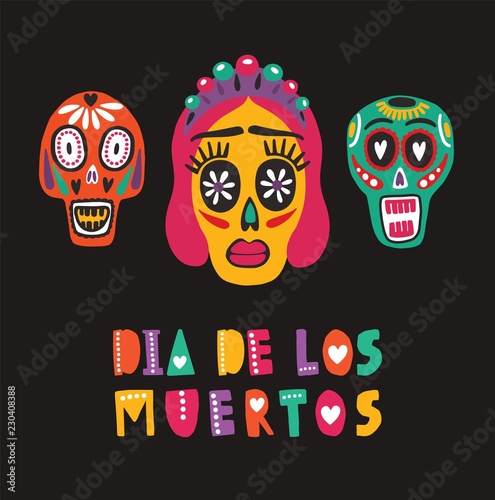 Bright colored decorative composition with Dia De Los Muertos inscription, Me...