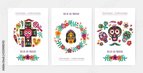 Bundle of flyer  poster or party invitation templates with Mexican calaveras or skulls  Catrina s face  cross  flowers and candles. Motley vector illustration for Day of The Dead festival promotion.