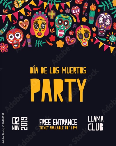 Vertical festive party invitation template decorated by calaveras or skulls, ...
