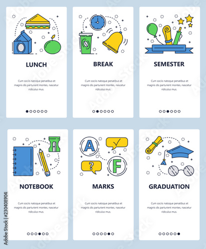 Vector web site linear art onboarding screens template. School lunch break, graduation and semester test reuslts. Menu banners for website and mobile app development. Modern design flat illustration.