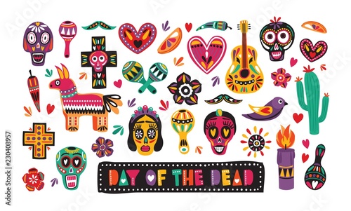 Bundle of traditional Day of The Dead decorations isolated on white background - Mexican sugar skulls, Catrina's face, pepper, pinata, cross, candle, maracas, guitar. Holiday vector illustration.