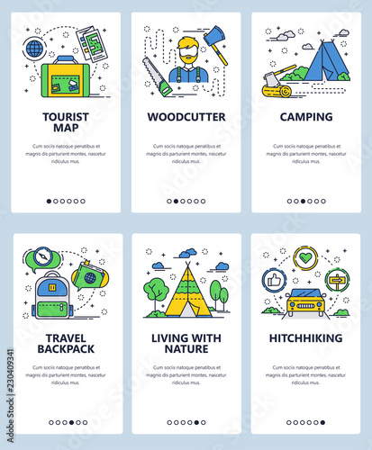 Vector web site linear art onboarding screens template. Outdoor travel, hiking and camping. Woodcutter, tourist map and hitchhiking. Menu banners for website and mobile app development. Modern design
