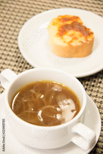  French onion soup, with cheesy croutons.