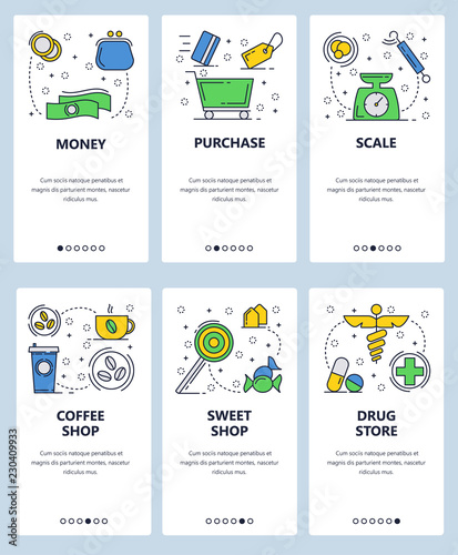 Vector web site linear art onboarding screens template. Shopping and money icons, drug store, candy and coffee. Menu banners for website and mobile app development. Modern design flat illustration.
