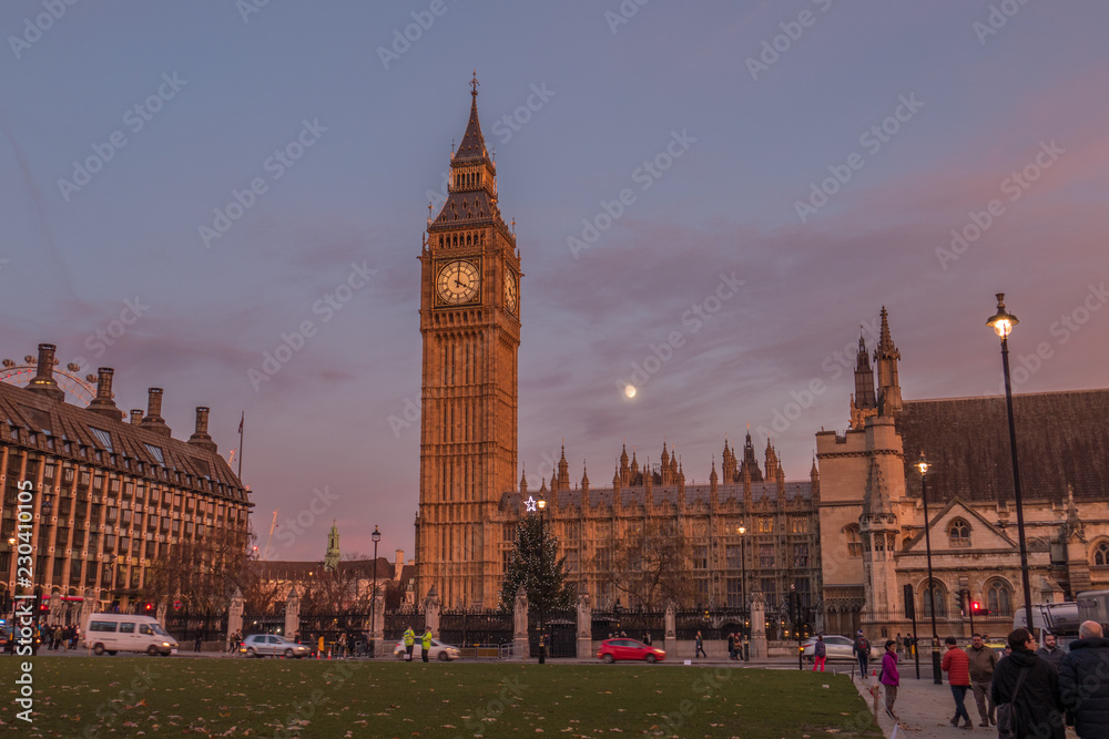 Big Ben Tower And Houses Of Parliament At Sunset In London, England.