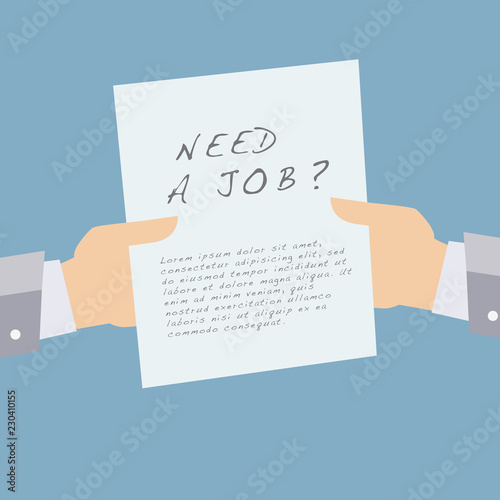 Hands carrying paper with text: Need a job? Vector Illustration. - Illustration