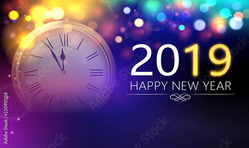 Happy New Year 2019 blurred shiny banner with clock.