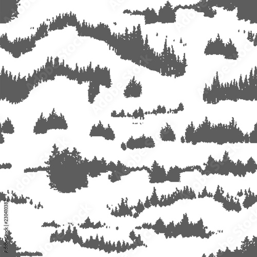 Monochrome seamless pattern with hand drawn silhouettes of forest coniferous and deciduous trees growing on hills or mountains