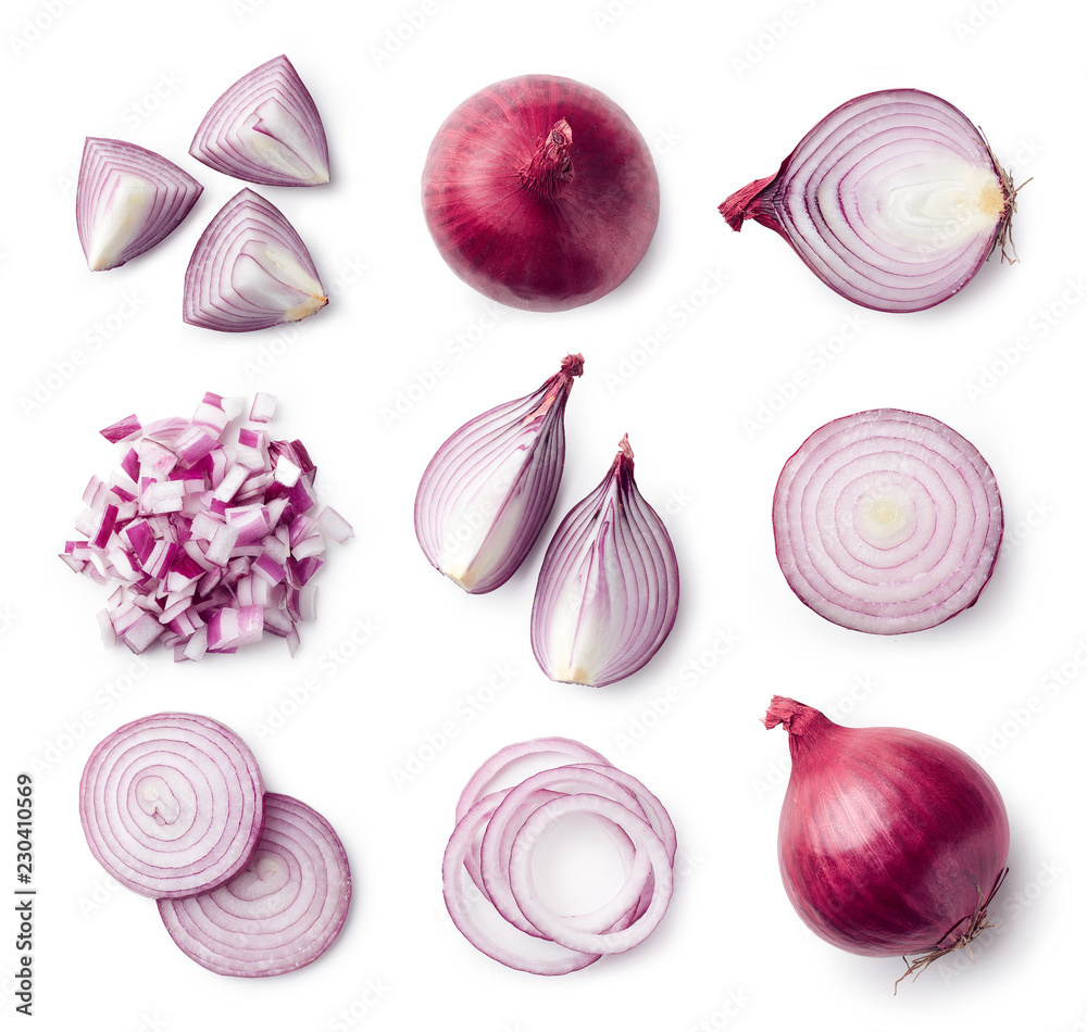 Set of whole and sliced red onions - obrazy, fototapety, plakaty 