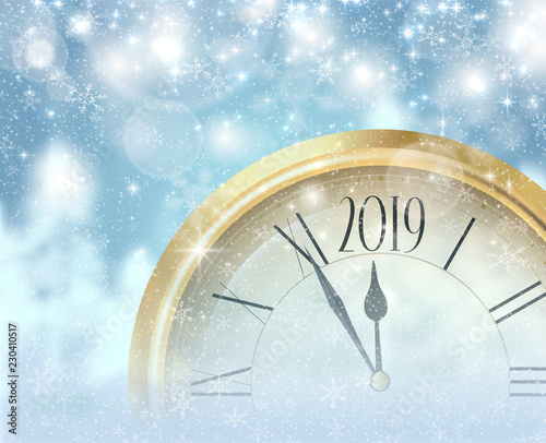 Blue shiny 2019 Christmas and New Year background with golden clock.