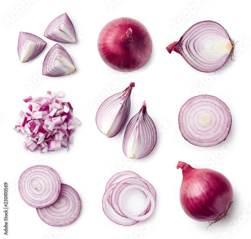 Photo Set of whole and sliced red onions