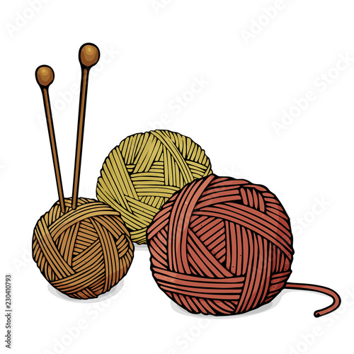 Balls of different colors of wool for knitting and knitting needles. Colorful vector illustration in sketch style.