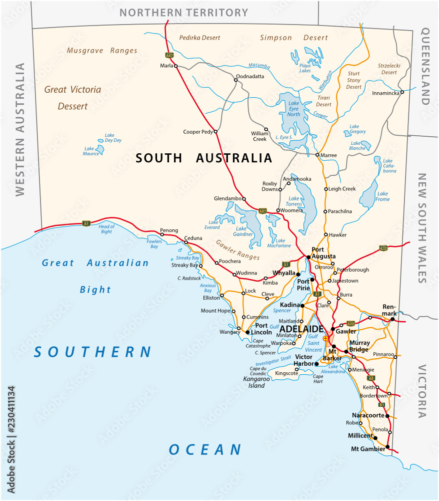 Vector road map of the state South Australia Vector road map of the state South Australia