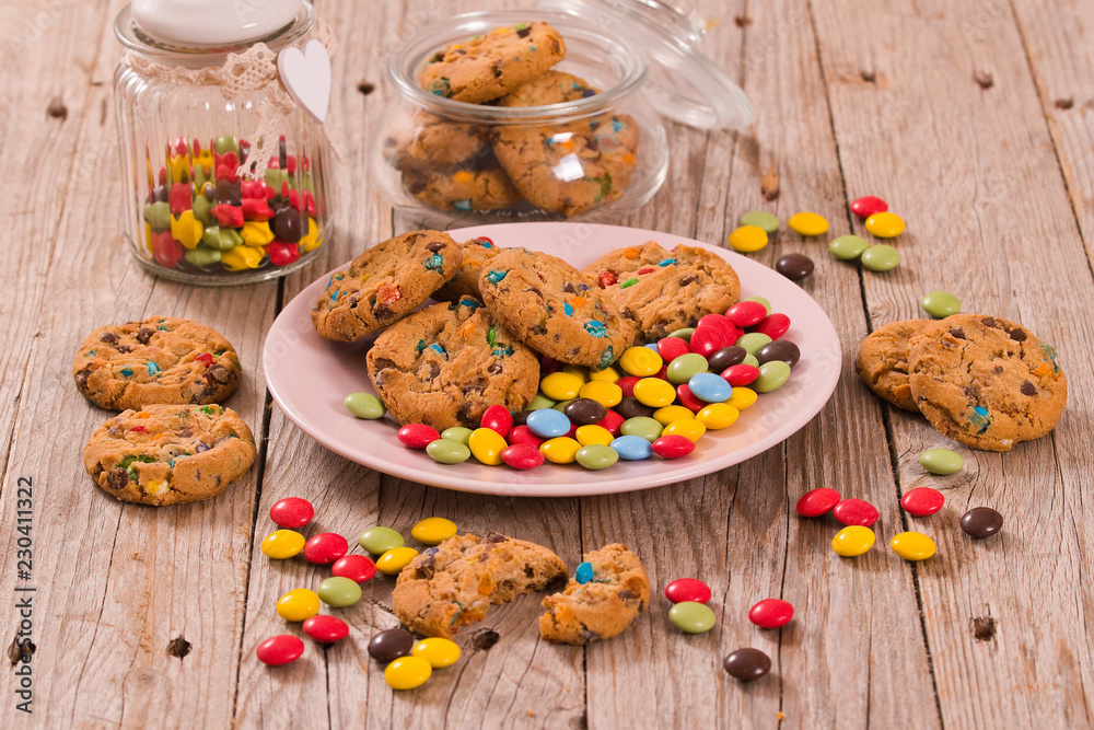 Candy coated cookies.