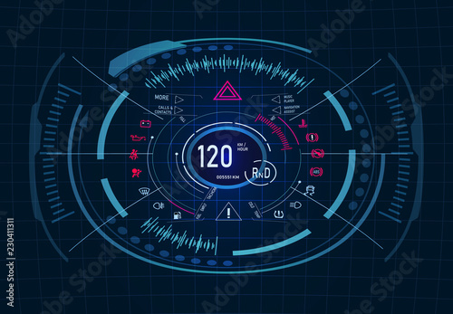 Car service. Futuristic dashboard design. Speedometer, tachometer. GUI. HUD illustration