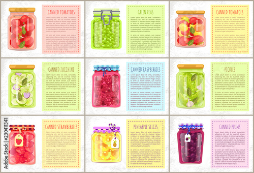 Canned Tomatoes and Peas Set Vector Illustration