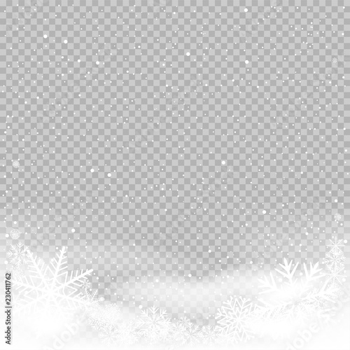 Sky clouds and snow winter on transparent background. Frosty close-up wintry snowflakes. Ice shape pattern. Christmas holiday decoration backdrop