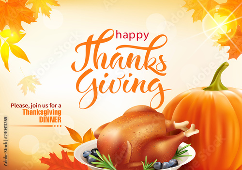 Design template for Thanksgiving dinner invitation. Vector illustration.