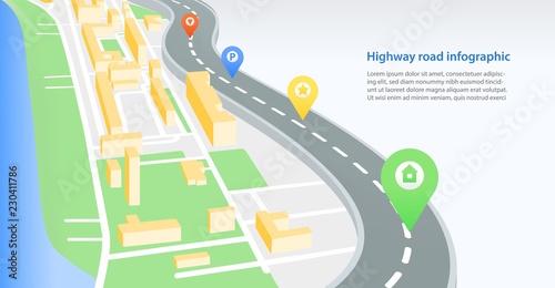 Colorful horizontal banner template with highway or road crossing city with map pins or location marks on it and place for text. Modern vector illustration for navigation service advertisement.