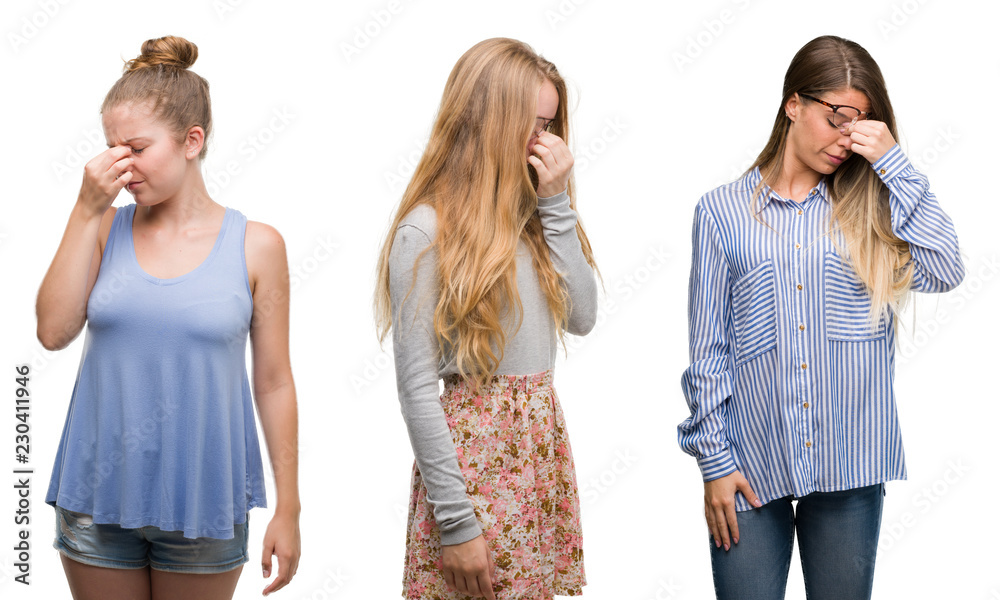 Collage of group of blonde women over isolated background tired rubbing nose and eyes feeling fatigue and headache. Stress and frustration concept. Collage of group of blonde women over isolated background tired rubbing nose and eyes feeling fatigue and headache. Stress and frustration concept.