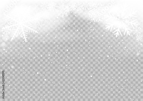 Snow falls winter sky clouds on transparent background. Frosty close-up wintry snowflakes. Ice shape pattern. Christmas holiday decoration backdrop