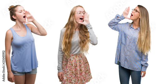 Collage of group of blonde women over isolated background shouting and screaming loud to side with hand on mouth. Communication concept.
