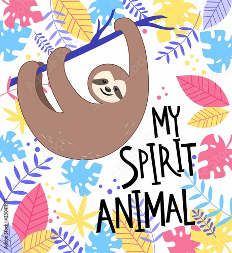 Card print with cute sloth and colorful tropical leaves. Vector ilustration