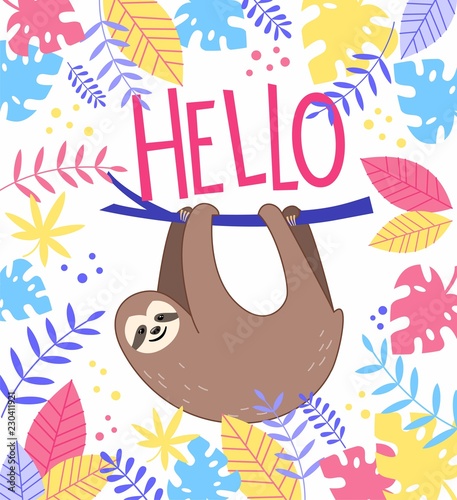 Card print with cute sloth and colorful tropical leaves. Vector ilustration