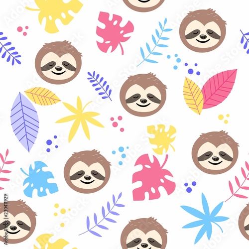 Vector seamless pattern with cute sloth face and colorful tropical leaves